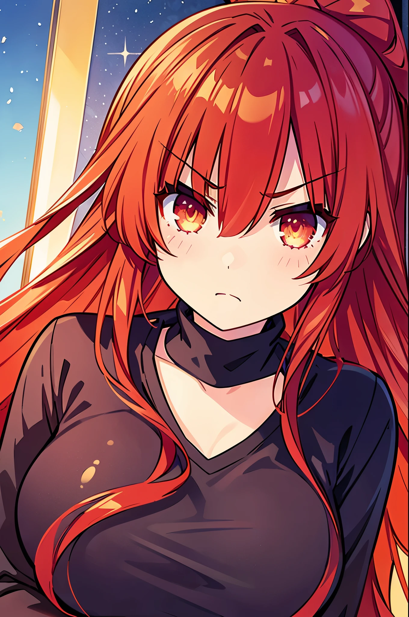 Masterpiece, best quality, 1girl, finely detailed, tall girl, red hair, wavy hair with a large ponytail, golden eyes, serious expression, angry clothes: aran sweater
