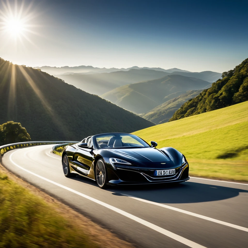 The image depicts a sleek, black sports car driving on a winding mountain road. The car is positioned in the foreground, with its front facing the camera, showcasing its aerodynamic design and the distinctive emblem on the grille. The road curves gently to the left, and the car appears to be in motion, suggesting a sense of speed and adventure.
The background features a picturesque landscape with rolling hills and mountains under a clear sky. The sun is low on the horizon, indicating either sunrise or sunset, which adds a warm, golden hue to the scene. The lighting creates a dramatic contrast between the shadows and the illuminated areas, highlighting the contours of the car and the natural beauty of the surroundings.
The overall composition of the image conveys a sense of freedom and exhilaration associated with driving a high-performance vehicle in a scenic, open environment. The image could be used for promotional purposes, such as advertising the car or a driving experience, or it could be part of a lifestyle or travel-related content.