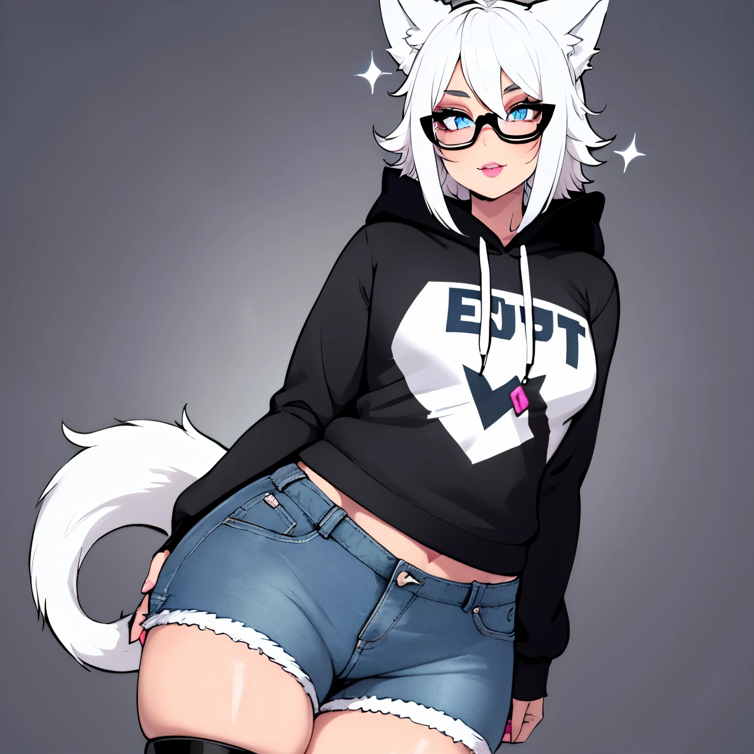 Single boy, Anime boy, Short, Long white hair, wolf ears, wolf tail, blue eyes, wearing short denim shorts, thigh high fishnets, black combat boots, oversized cropped hoodie, flat chest, super flat chest, solo femboy, only one femboy ((FLAT CHEST)) solo, alone, (SOLO)(ALONE) thicc thighs, wide hips, blue eyes, perfect eyes, perfect face, wearing pink lip gloss, happy, curvy, sparkly blue eyes, wearing large round glasses