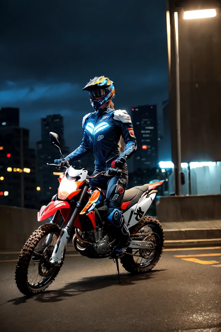 full body shot, wharf scene, a beautiful sexy cyborg woman riding a KTM 450 motocross motorcycle, glamorous shape, shoulder-length, beautiful shiny smooth, light brown hair, (Best quality, 4K, 8k, A high resolution, masterpiece:1.2), absurdity, masterpiece, ultra detailed, (realistic, photorealistic, photorealistic:1.37), complex parts, HDR, (complex parts:1.12), (hyper detailed, hyper realistic, Soft lighting, spicy:1.2), beautiful figure, Magnificent Anatomy, (complex part, Hyper detailed:1.15), Smooth skin,