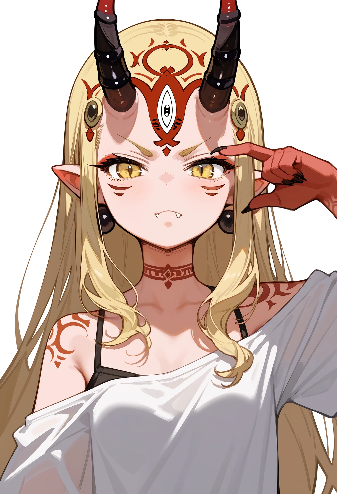 score_9, score_8_up, score_7_up, 1girl, solo, portrait, close-up, upper body, long hair, blonde hair, sidelocks, yellow eyes, pointy ears, facial mark, tattoo, shoulder tattoo, red skin, forehead mark, fingernails, hand on hip, oni, horns, innexpressive, serious, fang, wearing a white shirt, oversized shirt, off-shoulder, white background, simple background, masterpiece, best quality, zoom out, 