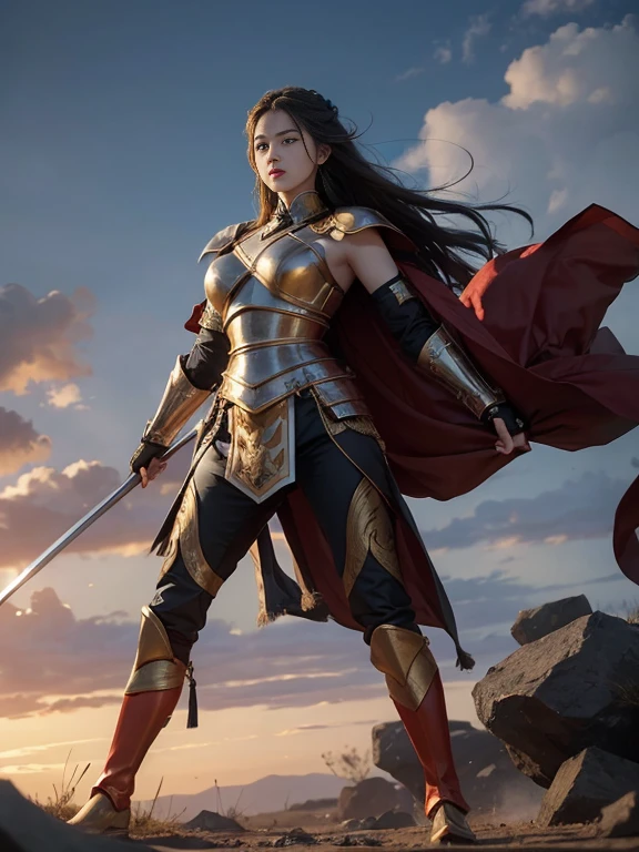 masterpiece,Ultra HD,Truly beautiful women,Oriental warrior vibe,beautiful eyes and expressions,Oriental armor attracts,The whole body is wrapped in armor full of decorations,All in bright colors,Tall and majestic like a general,Mighty armor, Pants and boots,It shows the majesty of the armor,Arrogant personality,plump and beautiful body,show mature temperament,There is a revealed calm in majesty,Background is a war scene,She stood there,Hall々Stand with,heroic,The movements are sharp and powerful。