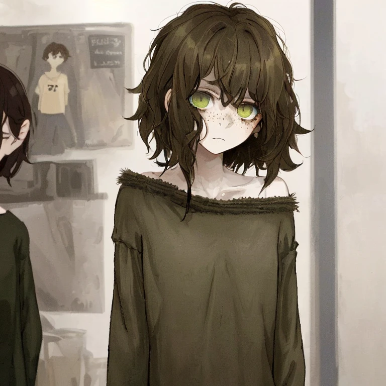 One girl, Messy Brown hair, back hair, medium messy hair, porly cut hair, pale skin, freckles, sleepy eyes, olive green eyes, dark circles on eyes, sleepy face, tired face, very thin body, loose clothes, black clothes