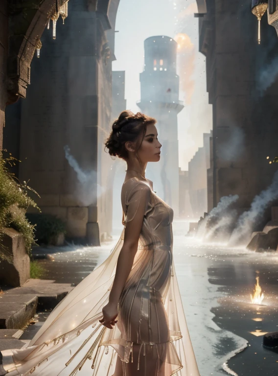 Belle femme portant (Sheer dripping dress'eau ondulante) Midgar,8k, dessus de la table, Very detailed, Seulement,
(Tir de foc, on the side),
agitant,
sceptique,
curly bun,
cheveux roux,