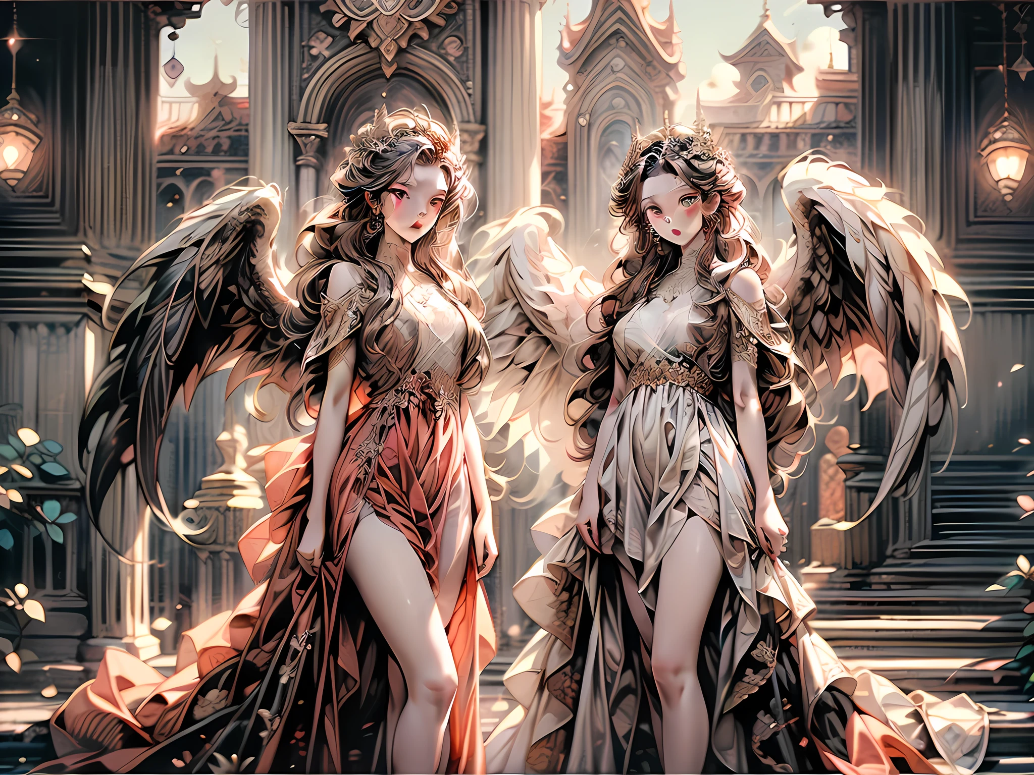 fantasy art, RPG art, a picture of 2 women,  a female angel (Masterpiece, intricate details: 1.5), wearing dress, pale skin, best details beautiful face (Masterpiece, intricate details: 1.3 ), blond hair, long hair wavy hair (Masterpiece, intricate details: 1.3), blue eyes, high heeled boots, wearing a dress (Masterpiece, intricate details: 1.3), large angelic wings, white angel_wings spread AND a female demon (Masterpiece, intricate details: 1.5), demon, red skin (Masterpiece, intricate details: 1.3), demon_wings, black demonic wings spread, demonic horns (Masterpiece: 1.3), red skin (Masterpiece: 1.3), black hair, red eyes, best details beautiful face (Masterpiece, intricate details: 1.2), wearing a dress (Masterpiece, intricate details: 1.3),  black high heels, in the border between heaven and hell, moon, stars, clouds, god rays, soft natural light silhouette, dynamic angle, photorealism, panoramic view (Masterpiece 1.3, intense details) , Wide-Angle, Ultra-Wide