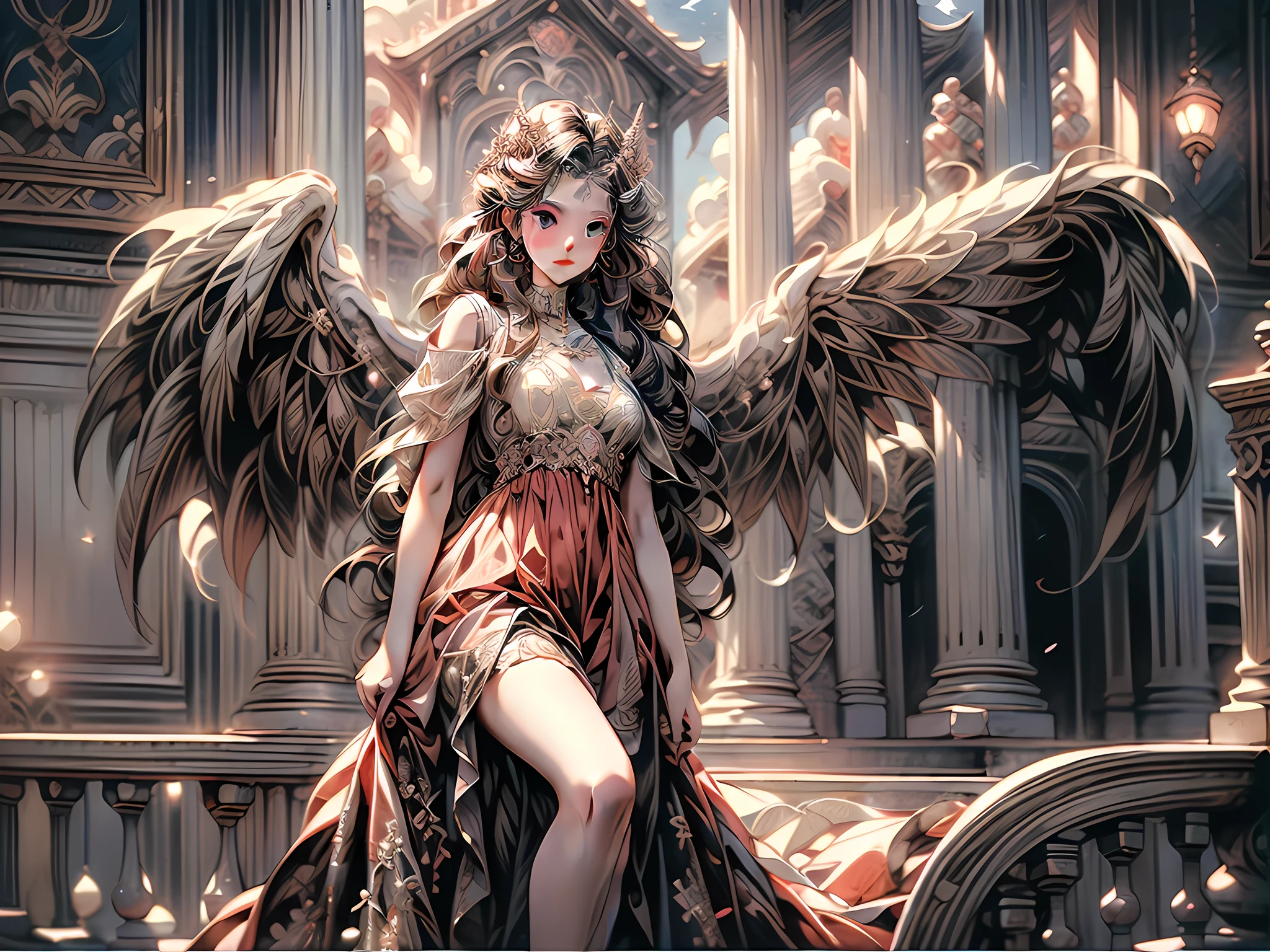 fantasy art, RPG art, a picture of 2 women, a female angel (Masterpiece, intricate details: 1.5), wearing dress, pale skin, best details beautiful face (Masterpiece, intricate details: 1.3 ), blond hair, long hair wavy hair (Masterpiece, intricate details: 1.3), blue eyes, high heeled boots, wearing a dress (Masterpiece, intricate details: 1.3), large angelic wings, white angel_wings spread AND a female demon (Masterpiece, intricate details: 1.5), demon, red skin (Masterpiece, intricate details: 1.3), demon_wings, black demonic wings spread, demonic horns (Masterpiece: 1.3), red skin (Masterpiece: 1.3), black hair, red eyes, best details beautiful face (Masterpiece, intricate details: 1.2), wearing a dress (Masterpiece, intricate details: 1.3), black high heels, in the border between heaven and hell, moon, stars, clouds, god rays, soft natural light silhouette, dynamic angle, photorealism, panoramic view (Masterpiece 1.3, intense details) , Wide-Angle, Ultra-Wide