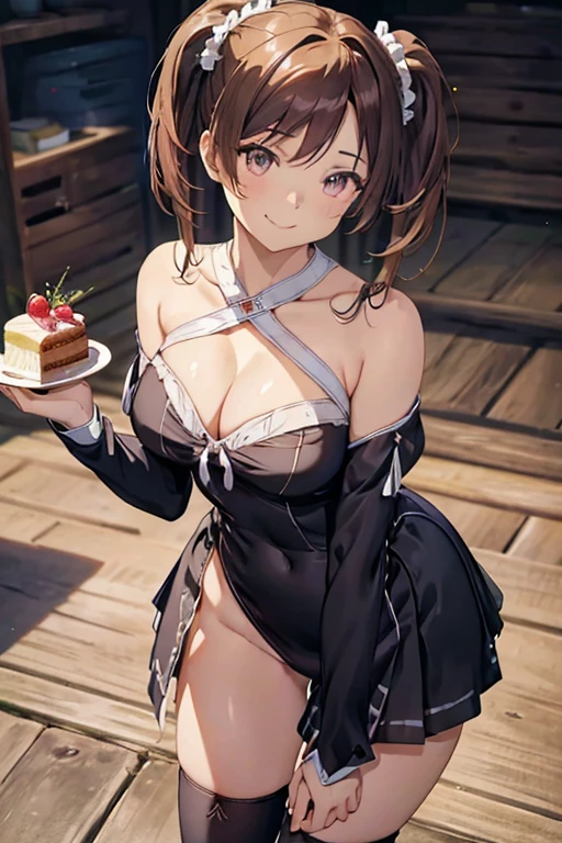 (from above:1.2),(from side:0.9), (Close-Up:0.4), ((looking at viewer, holding a cake to his mouth)), highest quality,(photorealistic:1.4)、(RAW photo:1.2)、very detailed CG unity 8k wallpaper, delicate and beautiful, wonderful, Fine detail, official art, huge file size, Ultra-detailed, very detailed girl, very detailed eyes and face, Bright on the face、(20 age girl:1.0),masterpiece, highest quality,plaid capelet, white shirt, long sleeves, black skirt, black thighhighs,large breasts,smile,(contrapposto:1.3),(leaning forward:1.3),(Hand on Hips),top-quality,Top image quality,perfect anatomy,masterpiece,ultra-detailliert,Beautiful,ultra-quality, best quality,high resolution, ultra-detailed,dutch angle ,beautiful detailed eyes,visualart,five fingers, perfect hands,small smile, smiling, (twintail hair:1.25), hair between eyes, hair twintails,(best quality, highres, masterpiece:1.2), ultra-detailed, (realistic:1.37) illustration, erotic style, soft lighting, sweat glistening on her body, gentle warmth, mysterious, medium breast,narrow waist,(with sparkling eyes and a contagious smile),her thin pubic hair, looking at viewer,