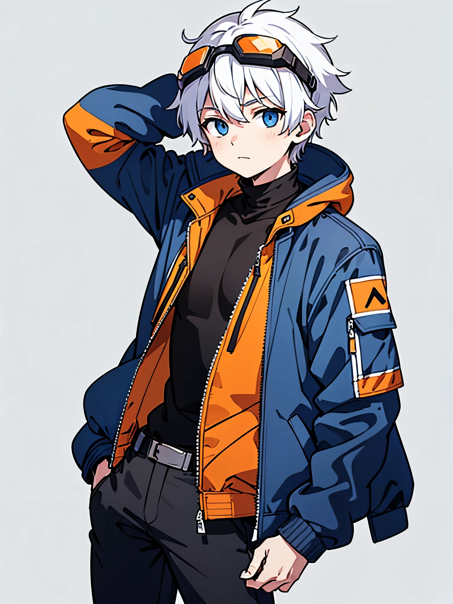 1boy, solo, blue eyes, (detailed eyes), white hair, hair between eyes, (goggles in his head), (waterproof jacket), large jacket, (orange jacket), black shirt, pants, gray pants, standing, (hands in pockets), (((Closed jacket))), upper body, (white background), Transparent background, looking at viewe, ((masterpiece, illustration, best quality)) 