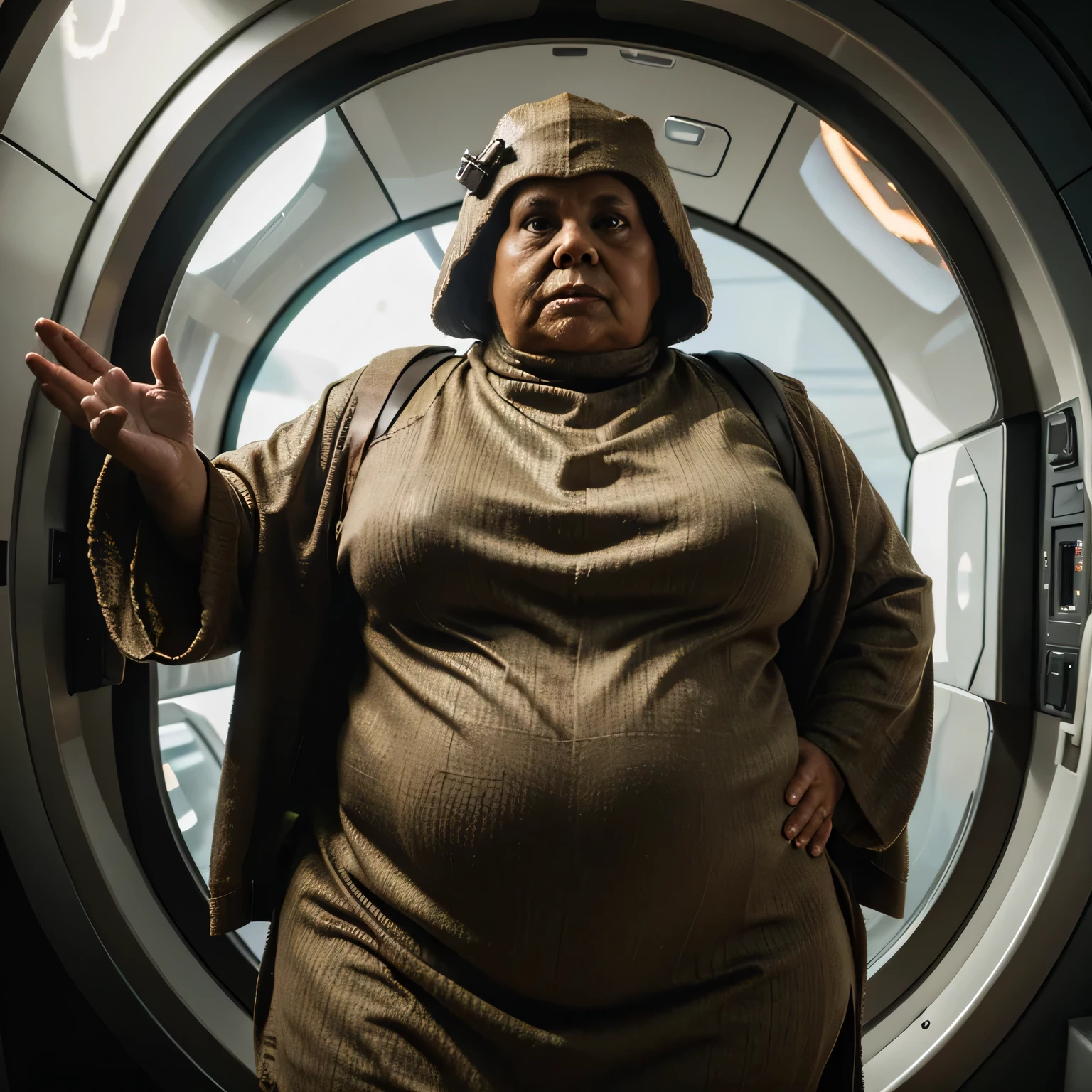 Jabba the Hutt dressed using Leia customes inside a Star Wars spaceship, high quality, high definition, masterpiece