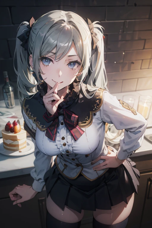 (from above:1.2),(from side:0.9), (Close-Up:0.4), ((looking at viewer, holding a cake to his mouth)), highest quality,(photorealistic:1.4)、(RAW photo:1.2)、very detailed CG unity 8k wallpaper, delicate and beautiful, wonderful, Fine detail, official art, huge file size, Ultra-detailed, very detailed girl, very detailed eyes and face, Bright on the face、(20 age girl:1.0),masterpiece, highest quality,plaid capelet, white shirt, long sleeves, black skirt, black thighhighs,large breasts,smile,(contrapposto:1.3),(leaning forward:1.3),(Hand on Hips),top-quality,Top image quality,perfect anatomy,masterpiece,ultra-detailliert,Beautiful,ultra-quality, best quality,high resolution, ultra-detailed,dutch angle ,beautiful detailed eyes,visualart,five fingers, perfect hands,small smile, smiling, (twintail hair:1.25), hair between eyes, hair twintails,(best quality, highres, masterpiece:1.2), ultra-detailed, (realistic:1.37) illustration, erotic style, soft lighting, sweat glistening on her body, gentle warmth, mysterious, medium breast,narrow waist,(with sparkling eyes and a contagious smile),her thin pubic hair, looking at viewer,