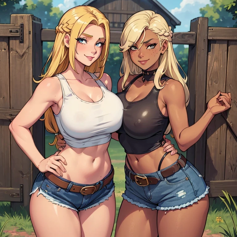 (((SHARP detail perfect face))), (nice hips), detailed skin, ((masterpiece)), best quality, (SHARP details), 4k, ((farmgirl)), (((farm))), (loose tank top),  ((white tank top)), ((blonde hair)), sweat, ((huge breasts)), amber eyes, looking at viewer, ((long hair)), ((denim hotpants)), (hay), outdoors, solo, (asymmetric hair), (freckles), ((tanned)), ((wide hips)), slightly toned, (smiling), mature, motherly MILF, ((leather belt)), (fence), good colors, good lighting, (seducing viewer), lewd, big ass, dark skin, braid,