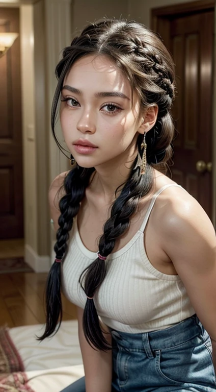 A refined description of the scene you described:

A woman in tight shorts and hair braided in a complex, elegant style is depicted in a stunning scene. Your braided hair displays a variety of patterns and textures, demonstrating skill and art in creating the hairstyle.

The woman is portrayed with a confident and proud posture, destacando sua beleza e autenticidade. Your facial features are distinct and expressive, reflecting your individuality and inner strength.

The scene is softly lit, highlighting the details of the braided hair and the beauty of the woman. Your presence is captivating, conveying a sense of grace and determination.

This depiction of a black woman with braided hair is a celebration of black culture and beauty., capturing the elegance and pride of a traditionally significant hairstyle.