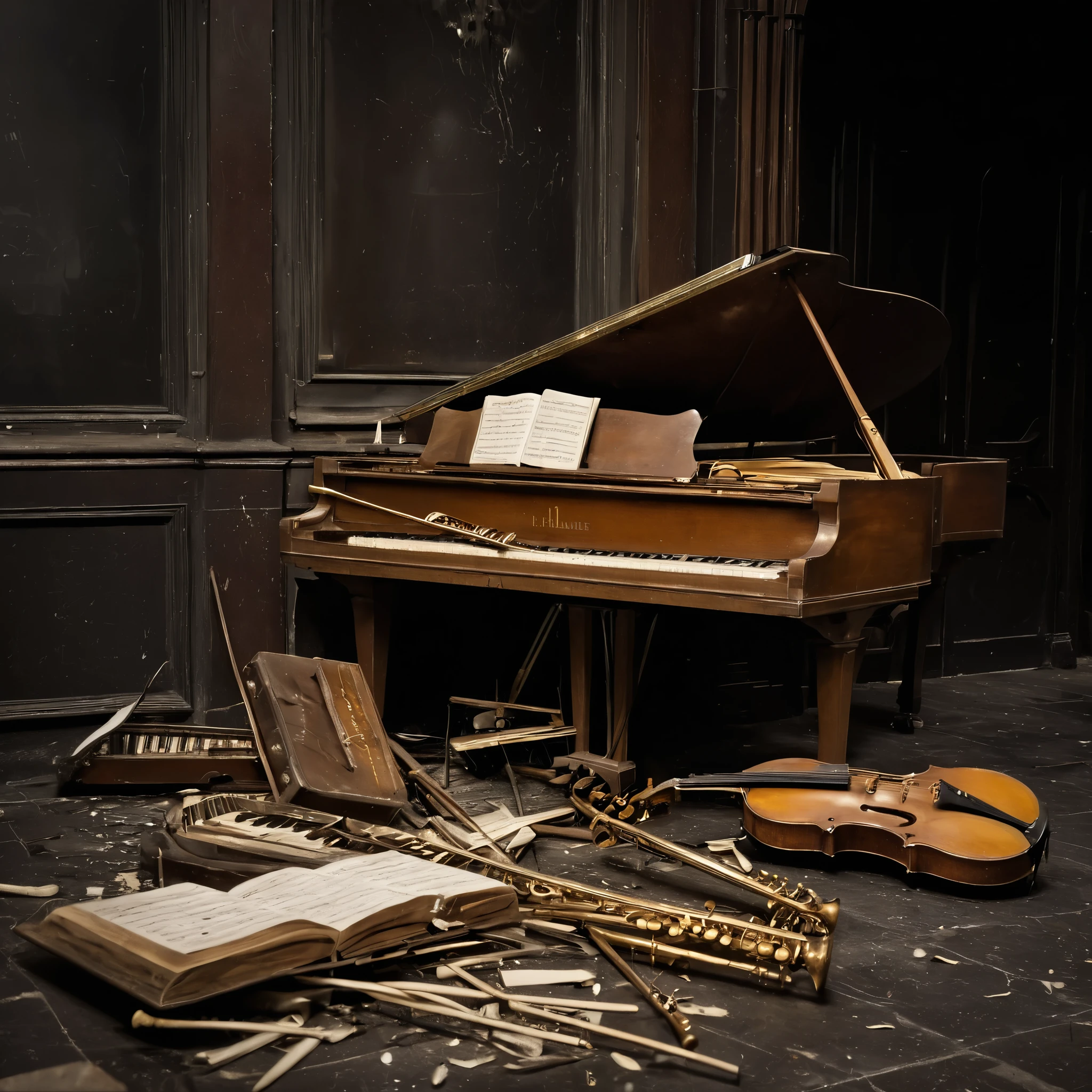 (best quality,4k,8k,highres,masterpiece:1.2),ultra-detailed,(realistic,photorealistic,photo-realistic:1.37),dark,moody,desolate landscape with broken instruments,scattered remnants of music,destroyed musical instruments,abandoned,piano,pieces of flutes,shattered guitar strings,violins with broken bows,discarded sheet music fragments,abandoned music stands,cracked drum sets,lonely trumpet,ruined grand piano keys,rusted trombone,instrument wreckage,echoes of music,forlorn and abandoned guitars,sad and haunting music scene,unnerving atmosphere,melancholy soundtrack,ominous musical energy,distant echoes of melodies,haunting harmony,lonesome musical notes,piano keys jutting out,deserted orchestra hall,remnants of a symphony,forgotten melodies,relics of music's past,ominous tone,dissonant musical remnants,devastated concert venue,solitude amongst the ruins,ruined piano keys reaching out,hushed silence,broken musical dreams.