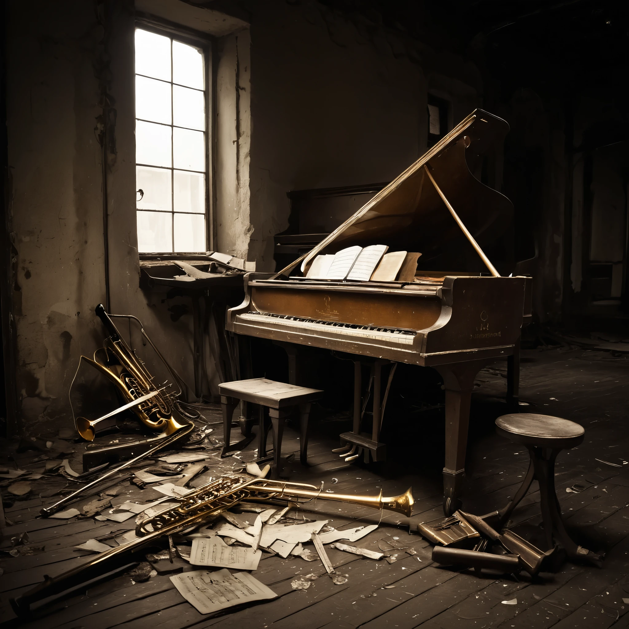 (best quality,4k,8k,highres,masterpiece:1.2),ultra-detailed,(realistic,photorealistic,photo-realistic:1.37),dark,moody,desolate landscape with broken instruments,scattered remnants of music,destroyed musical instruments,abandoned,piano,pieces of flutes,shattered guitar strings,violins with broken bows,discarded sheet music fragments,abandoned music stands,cracked drum sets,lonely trumpet,ruined grand piano keys,rusted trombone,instrument wreckage,echoes of music,forlorn and abandoned guitars,sad and haunting music scene,unnerving atmosphere,melancholy soundtrack,ominous musical energy,distant echoes of melodies,haunting harmony,lonesome musical notes,piano keys jutting out,deserted orchestra hall,remnants of a symphony,forgotten melodies,relics of music's past,ominous tone,dissonant musical remnants,devastated concert venue,solitude amongst the ruins,ruined piano keys reaching out,hushed silence,broken musical dreams.