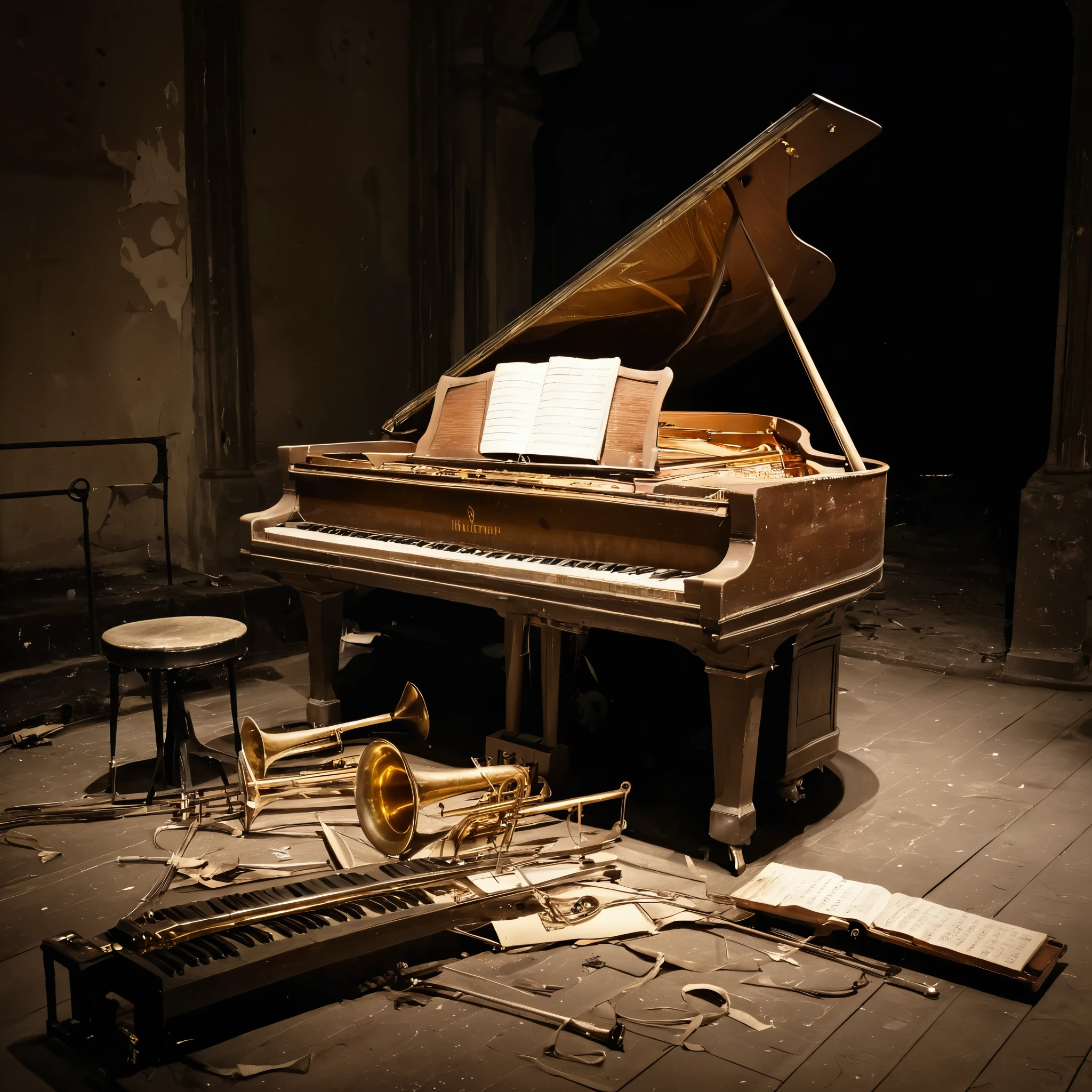 (best quality,4k,8k,highres,masterpiece:1.2),ultra-detailed,(realistic,photorealistic,photo-realistic:1.37),dark,moody,desolate landscape with broken instruments,scattered remnants of music,destroyed musical instruments,abandoned,piano,pieces of flutes,shattered guitar strings,violins with broken bows,discarded sheet music fragments,abandoned music stands,cracked drum sets,lonely trumpet,ruined grand piano keys,rusted trombone,instrument wreckage,echoes of music,forlorn and abandoned guitars,sad and haunting music scene,unnerving atmosphere,melancholy soundtrack,ominous musical energy,distant echoes of melodies,haunting harmony,lonesome musical notes,piano keys jutting out,deserted orchestra hall,remnants of a symphony,forgotten melodies,relics of music's past,ominous tone,dissonant musical remnants,devastated concert venue,solitude amongst the ruins,ruined piano keys reaching out,hushed silence,broken musical dreams.