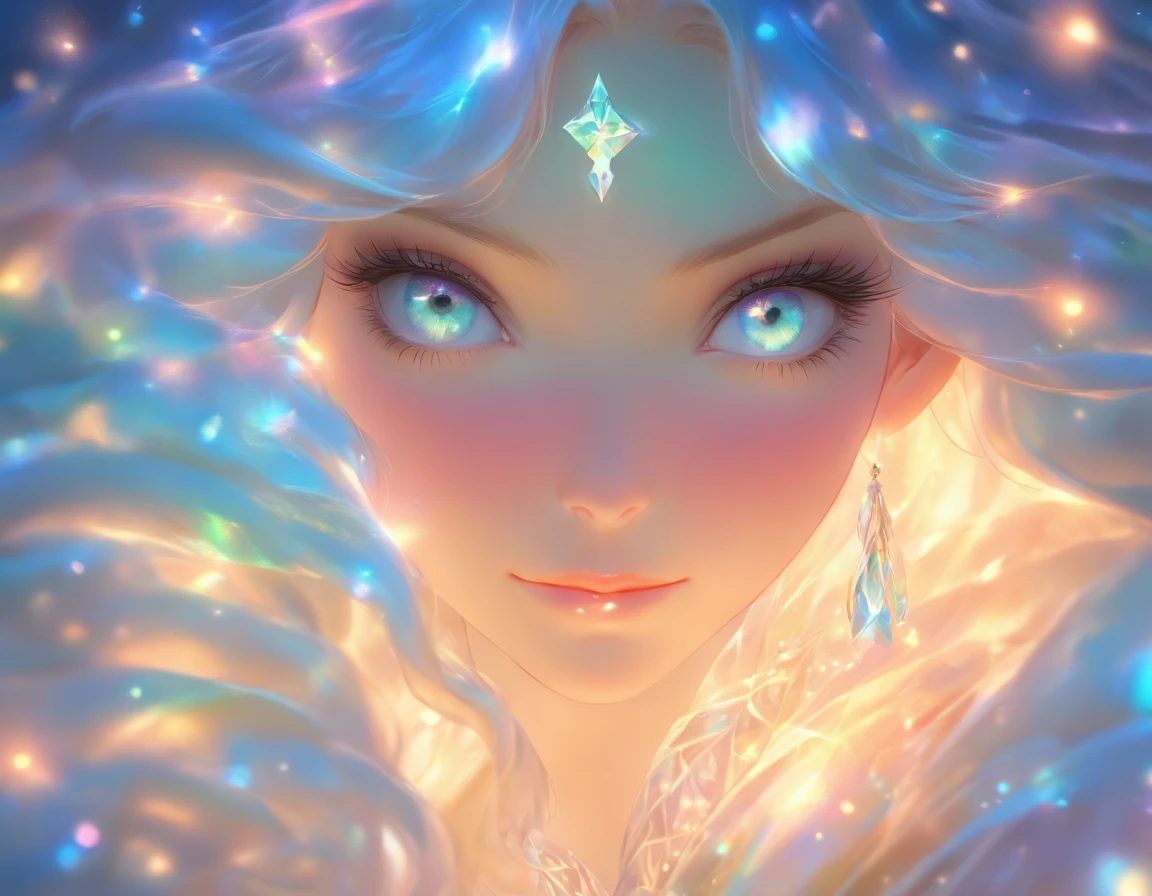 ethereal beauty, Galadriel, beautiful painting in fantasy style., inspired by Nene Thomas, ethereal fairytale, inspired by Edward Robert Hughes, Oil painting in fantasy style, ethereal!!!!!!!, ethereal!!!, fascinated by the spirit of nature, ethereal fantasy, Alien Girl, Transparent skin, mystical clothing, colorful stones scattered, stones in hair, stones on clothes, Beautiful detailed eyes,beautiful detailed lips,Exotic Features,long eyelashes,shiny iridescent hair,luminous opal accessories,ethereal presence,middle, mystical background,Fairytale landscape,Portraits,dark,contrasting colors,soft,Subtle lighting effects"(NFV:1.3)