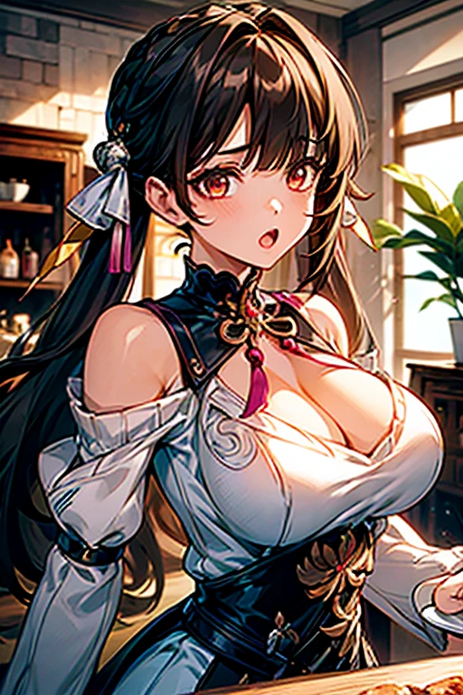 masterpiece, 1girl, Amazing :1.3, thin waist, big ass, Rai sexy, mediureast:1.3,posavage:1.2,solo, lt viewer, open mouth, have a cup of coffee,black hair, red eyes, dress, bare shoulders, jewelry, collarbone, sidelocks, hairband, earrings, indoors, off shoulder, :o, sweater, arms behind back, plant, short hair with long locks, white hairband, off-shoulder dress, sweater dress, off-shoulder sweater, red sweater, big side hair, very long side hair,is rendered in (masterpiece: 1.2, best quality), with (ultra high resolution) and an exquisite (depth of field). This masterpiece is not only visually stunning but also tells, make of cooking some cakes ,in the kitchen