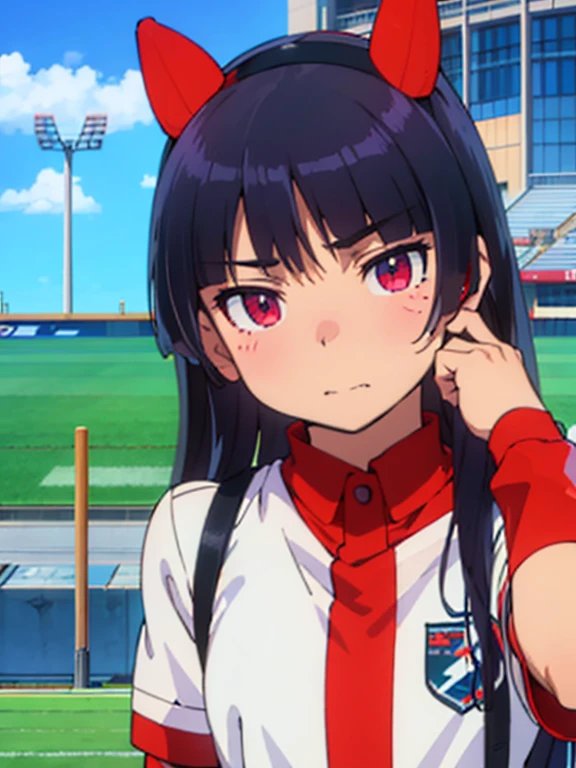 Gokou Ruri,animador, saltando, boca abierta, Football stadium, cuerpo completo, ultra-detallado, detallado, beautiful detallado eyes, beautiful detallado face, colorante animado, Estilo oficial, 8k, high resolution, The newest one, tarde,  solo, lindo