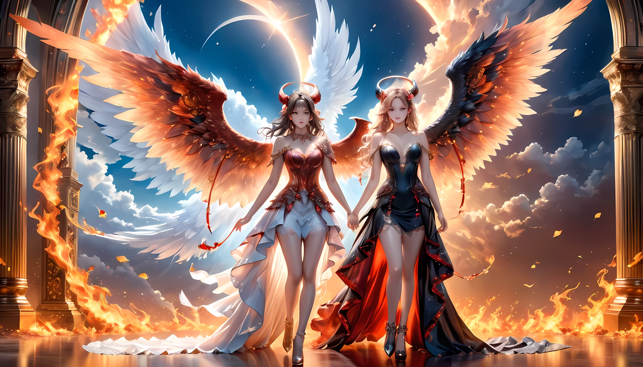 fantasy art, RPG art, a picture of 2 women, a female angel (Masterpiece, intricate details: 1.5), wearing dress, pale skin, best details beautiful face (Masterpiece, intricate details: 1.3 ), blond hair, long hair wavy hair (Masterpiece, intricate details: 1.3), blue eyes, high heeled boots, wearing a dress (Masterpiece, intricate details: 1.3), large feathered wings, white angel_wings spread AND a female demon (Masterpiece, intricate details: 1.5), demon, red skin (Masterpiece, intricate details: 1.3), black flame wings spread, demonic horns (Masterpiece: 1.3), red skin (Masterpiece: 1.3), black hair, red eyes, best details beautiful face (Masterpiece, intricate details: 1.2), wearing a dress (Masterpiece, intricate details: 1.3), black high heels, in the border between heaven and hell, moon, stars, clouds, god rays, soft natural light silhouette, dynamic angle, photorealism, panoramic view (Masterpiece 1.3, intense details) , Wide-Angle, Ultra-Wide, faize