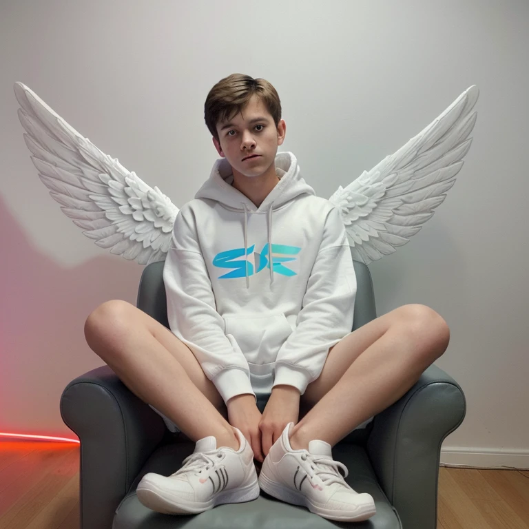 Create a realistic 3D illusion for a profile picture where a 14-year-old boy in a white hoodie is sitting casually on a Wingback Chair. Wearing sneakers and a white shirt, he looks ahead. The background features “MAHI” in big and capital red neon light fonts on the black wall. There should not be his shadow, and there are wings to make it appear as if he is an angel.