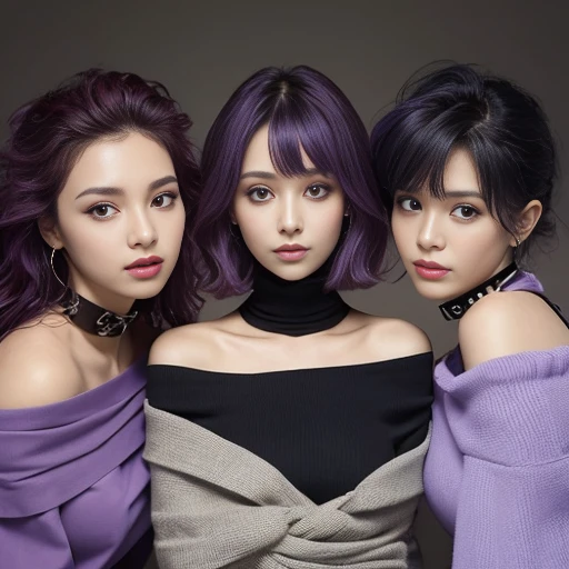 off shoulder, (3 womans) , deep cleavage, wild hair, steel collar, wrapped in dirty rags , black shirt , purple haired , sexy