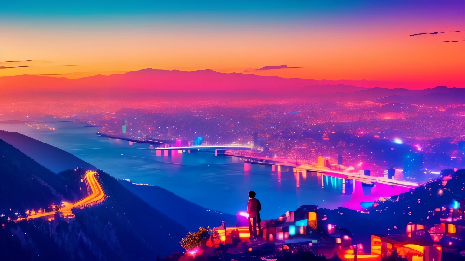 father and son on a cliff, overlooking a retrowave city in the mountains