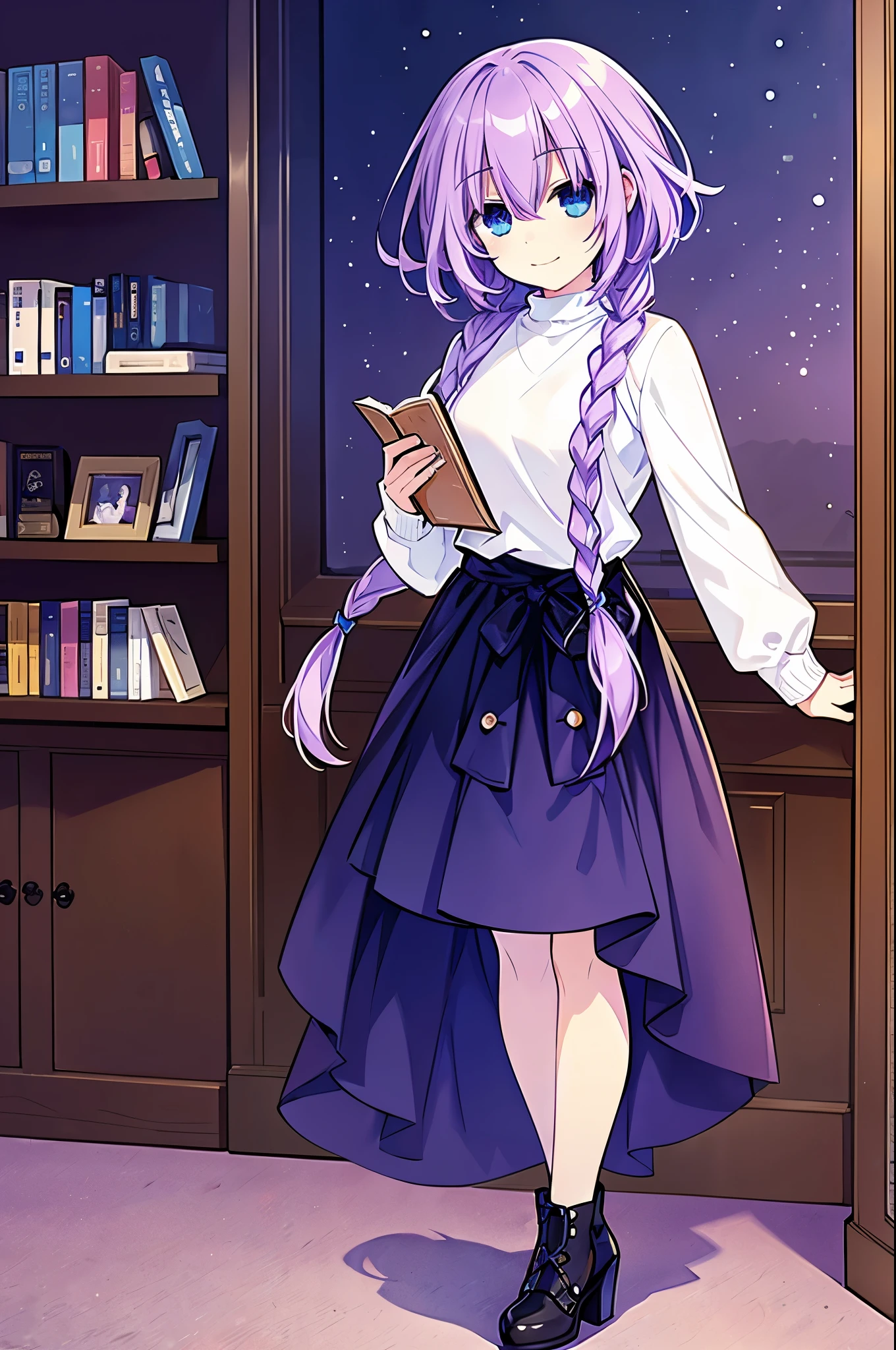 masterpiece, best quality, 1girl, short stature, finely detailed, light purple hair, big hair with a single braid, blue eyes, sleepy face with a little smile, with books in her hands clothes: baggy sweater with a skirt and stockings