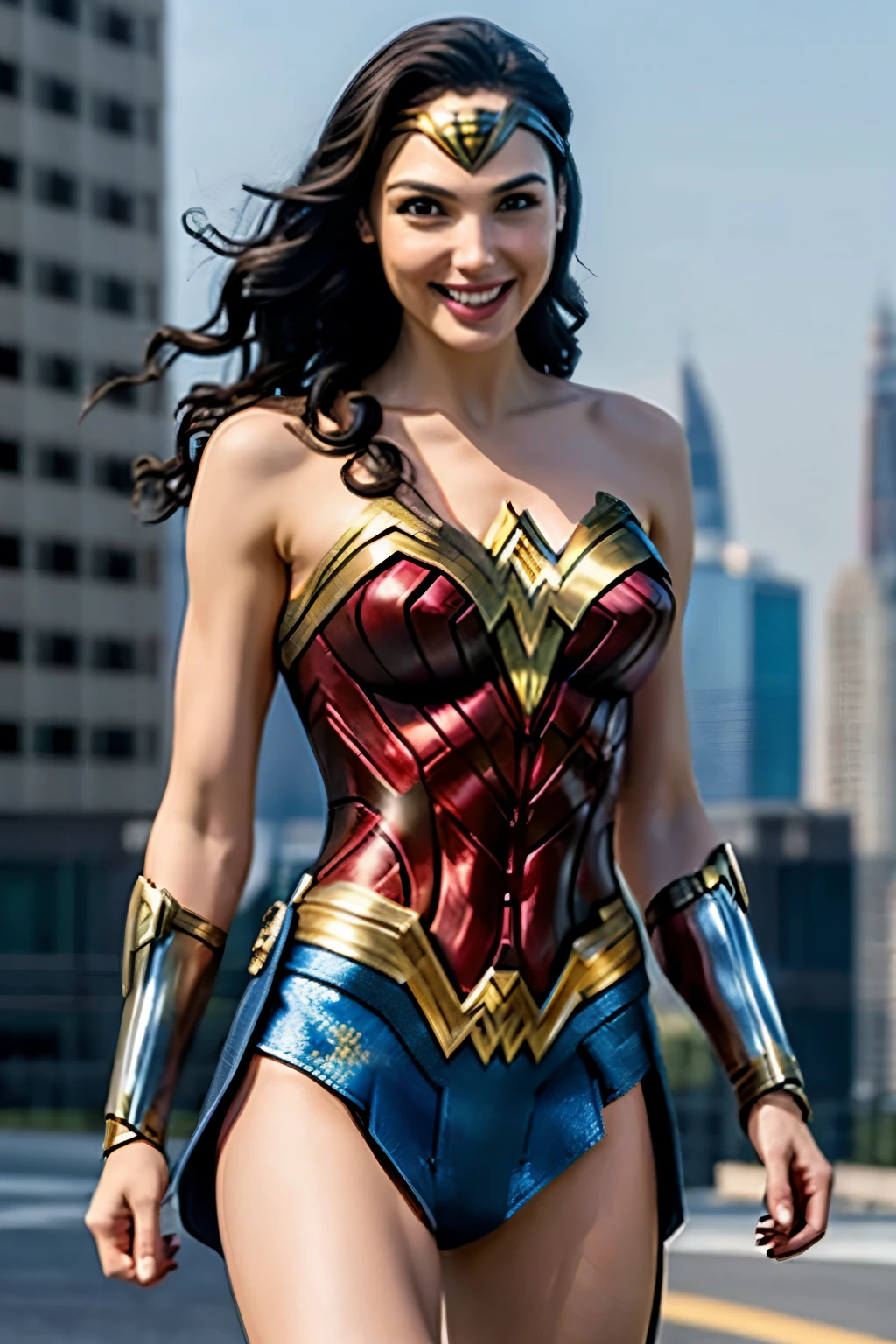 Gal Gadot、Wonder Woman、Smiling with teeth showing、Arms crossed、Sexy Body、In the middle of the city