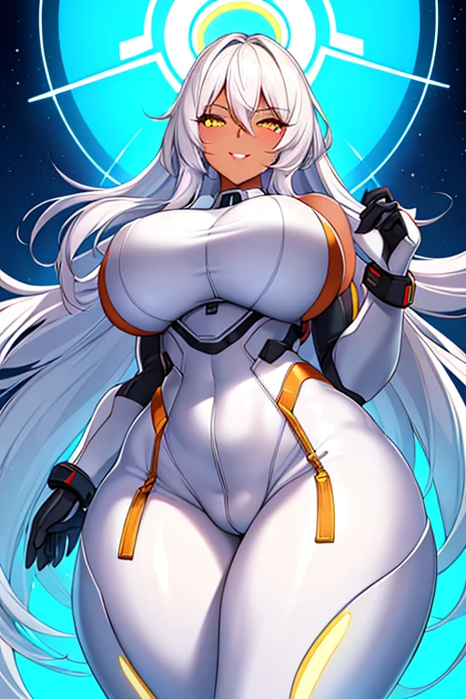 1girl, dark skin, dark-skinned female, white hair, long hair, yellow eyes, huge breasts, breasts, thick thighs, wide hips, mature female, milf, tall, tall female, toned, toned female, smile, futurustic, science-fiction, machinery, tech, white clothes, white bodysuit, bodysuit, neon trim, neon, neon lights, from below