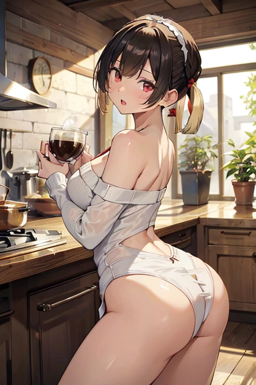 masterpiece, 1girl, Amazing Cleavage:1.3, thin waist, big ass, Raised sexy, medium breast:1.3,posed cleavage:1.2,solo, looking at viewer, open mouth, have a cup of coffee,black hair, red eyes, dress, bare shoulders, jewelry, collarbone, sidelocks, hairband, earrings, indoors, off shoulder, :o, sweater, arms behind back, plant, short hair with long locks, white hairband, off-shoulder dress, sweater dress, off-shoulder sweater, red sweater, big side hair, very long side hair,is rendered in (masterpiece: 1.2, best quality), with (ultra high resolution) and an exquisite (depth of field). This masterpiece is not only visually stunning but also tells, make of cooking some cakes ,in the kitchen