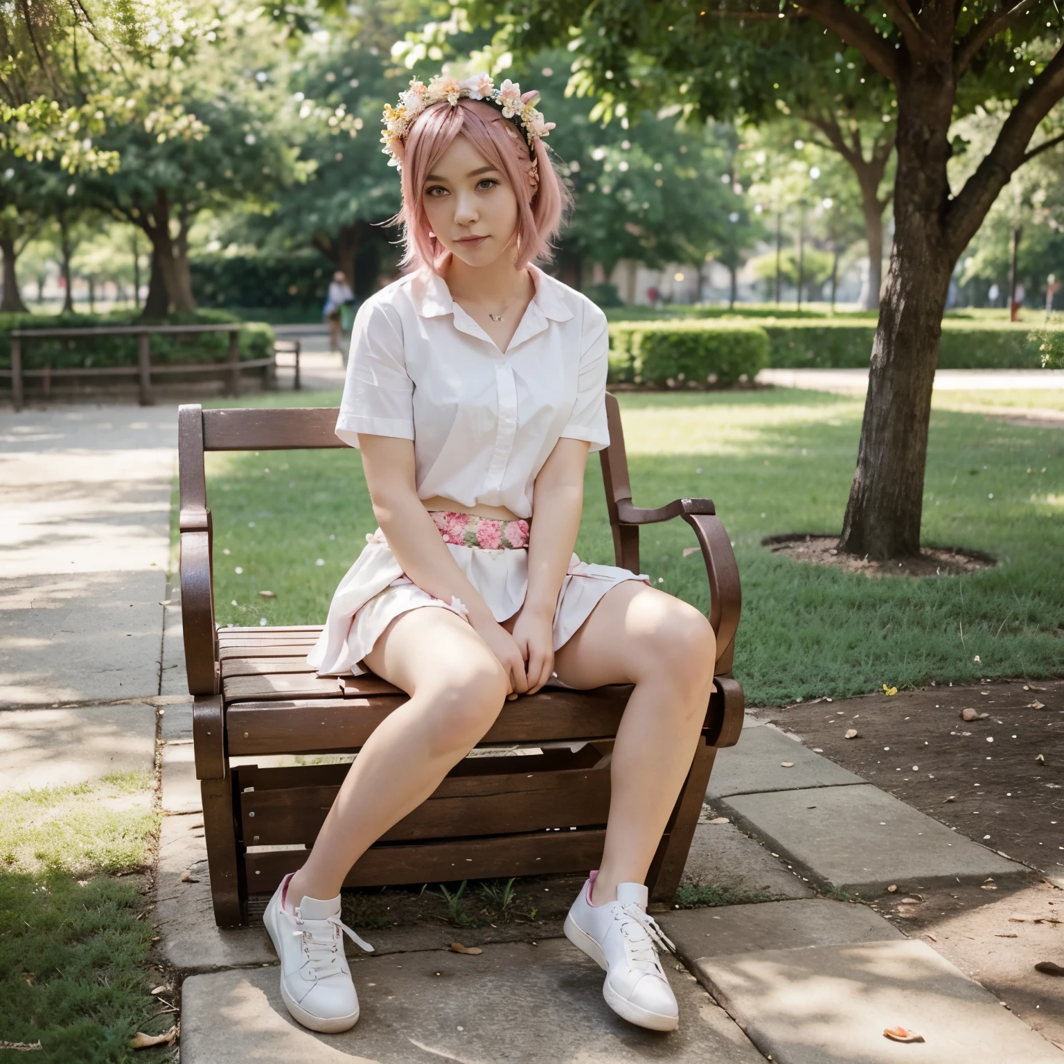 Cute character, pink hair, , sitting on a park chair, wearing a white shirt, wearing a flower crown, and wearing a short skirt