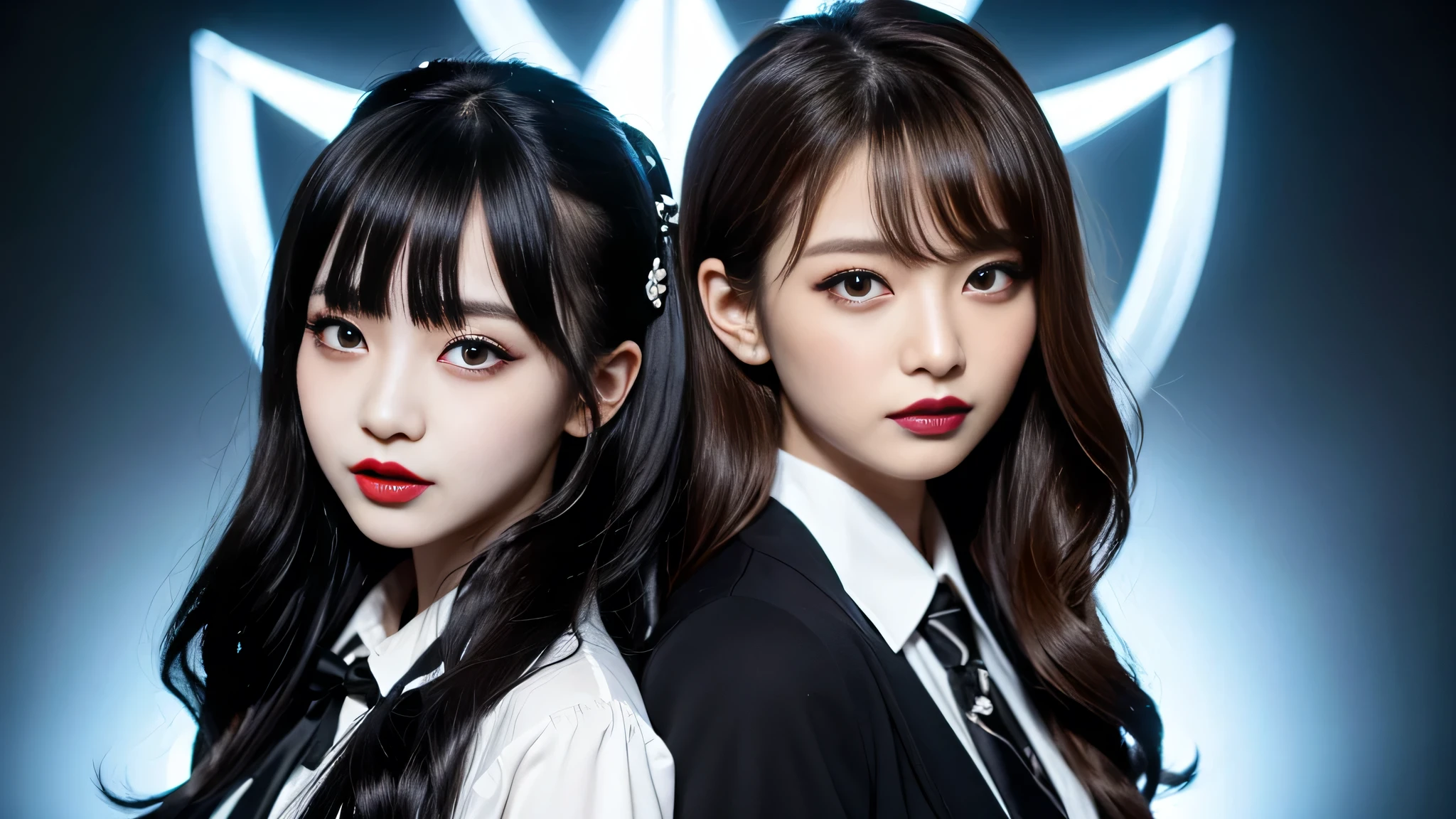 best quality、ultra-detailed、4k、Japanese、Seductive beauty、seductive adult woman、Pretty Woman、cool girl、Villainess、Brainwashed、brainwash、Fallen into evil、smirk、Evil look、Wicked Smile、evil、Brown hair、wavy hair、swept bangs、dark makeup、dark makeup、piercing eyes、hollow eyes,half-closed eyes、Hollow Eyes、purple Eyeshadow、black lipstick、black lipglos、student、blazer、White Shirt、Black Ribbon、flare skirt、night、inside school、Have lipstick、Emblem of Evil、Crest of Darkness、Swear allegiance、I have pledged my allegiance、Dye black、Blackening、Stained with evil、Dyed in darkness、Seduce