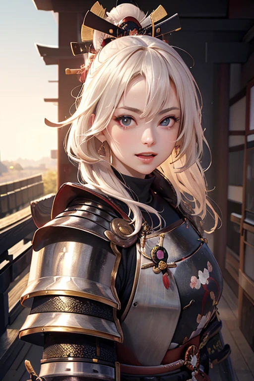 Very detailed CG Unity 8K wallpaper, Cute One lady, Mature Hair、lady ,beautiful lady, pale skin (Super masterpiece, Beautiful person, well detailed face polluted smile, Photorealistic, hyper realisitic), 
(Japan Samurai full Armor:1.5)、(samurai:1.5)、smile、
Japanese background、Portrait、Natural Light、Bright light、
(middle breast :0.7)、(Glowing Skin:1.3)、
Detailed eyes、Big eyes、Open your mouth、Hide your arms、
Blonde、Light blue glowing eyes、Pink Lips、Open your mouth