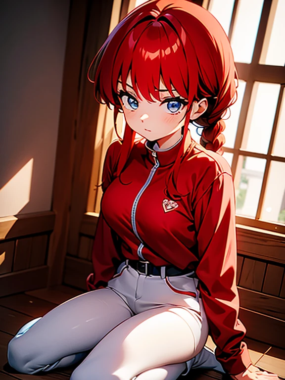 Garota anime ruiva vestindo chaqueta de cuero roja y pantalones de cuero azul, 16 years, cuerpo bonito, botas negras, zapatos de botas de cuero, senos grandes, con una mano en tu cintura y la otra en tus labios, mano en la cadera, mano con el dedo en el labio, dedo na boca, chica sexy, red pelo con trenza, Beautiful lighting, sombras suaves, ojos azules, bonitas piernas, pelo con trenza, estilo anime, Ranma Chan, Autora Rumiko Takahashi, Basado en obra de Rumiko Takahashi, Anime Ranma 1/2, senos grandes, sexy decoration, cadera robusta, cuerpo entero, cuerpo entero, hermosos pechos, chica joven con cuerpo hermoso y hermoso, botas negras, zapatos de botas de cuero, chaqueta de cuero roja y pantalones de cuero azul, camisa blanca debajo de la chaqueta