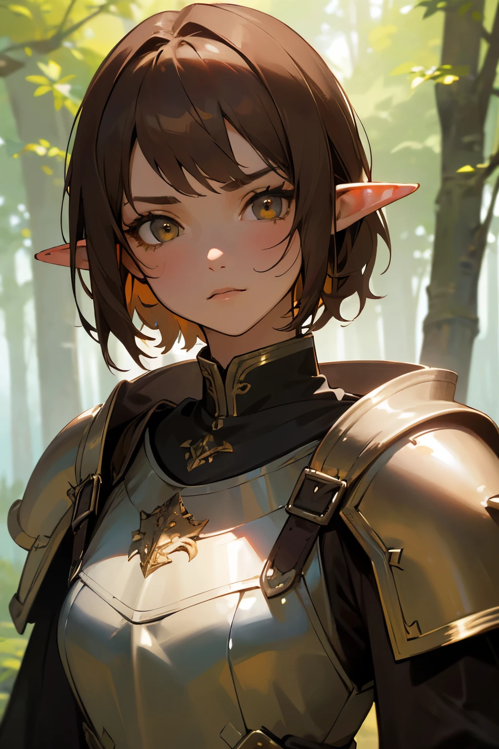 (UHD, masterpiece, high details, high quality, best quality, HD), (1Girl, 25 years, Elf, (very short brown hair), amber eyes color, wearing light medieval armor, neutral pose and face, badass), (In a forest)