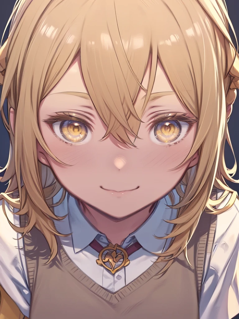 Anime girl with blonde hair and blue shirt looking at camera、misakishokuhou, Misaki Shokuhou, Blonde, Hair between the eyes, Long Hair, (Symbol-shaped pupil:1.5), (Yellow Eyes:1.5), (Medium chest:1.2), smile, break elbow gloves, gloves, , Short sleeve, Summer clothes, Sweater vest, tokiwadai , white gloves, (light brown Sweater vest:1.2), break looking at viewer, Upper Body, break indoors, classroom, break (masterpiece:1.2), highest quality, High resolution, unity 8k wallpaper, (figure:0.8), (Beautiful fine details:1.6), Highly detailed face, Perfect lighting, Highly detailed CG, (Perfect hands, Perfect Anatomy),