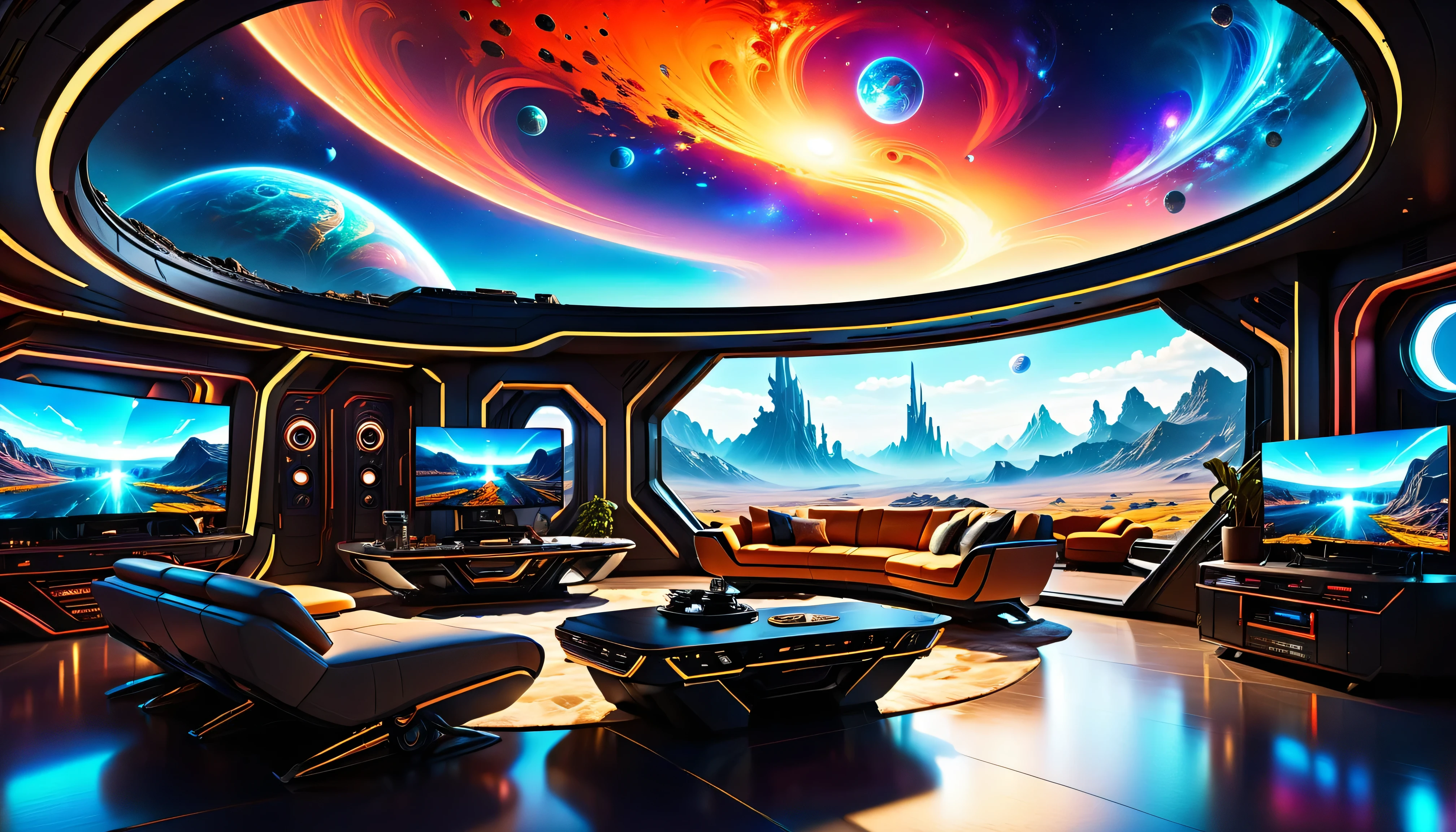 (best quality,4k,8k,highres,masterpiece:1.2),ultra-detailed,(realistic,photorealistic,photo-realistic:1.37), futuristic, spaceship, exterior view, alien planet landscape, massive windows, spacious interior, advanced technology, console-filled room, electronic devices, vivid colors, vibrant atmosphere, panoramic view, bustling energy, high-tech screens, detailed workstations, immersive experience, sleek design, cutting-edge architecture, otherworldly scenery, breathtaking vistas, state-of-the-art equipment, awe-inspiring visuals, seamless integration, dynamic lighting, illuminated buttons and panels, bustling crews, exploration, discovery, sense of wonder, vast possibilities