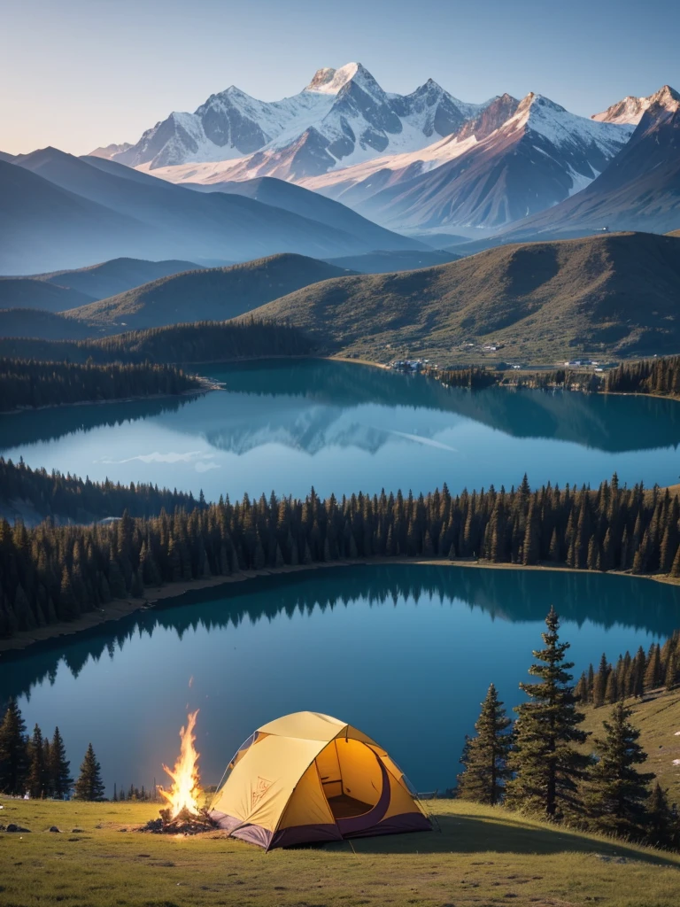 Beautiful Landscape、The tent is on a hill overlooking a mountain lake.、A bonfire is burning next to the tent