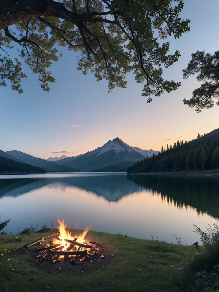 Beautiful Landscape、The tent is on a hill overlooking a mountain lake.、A bonfire is burning next to the tent