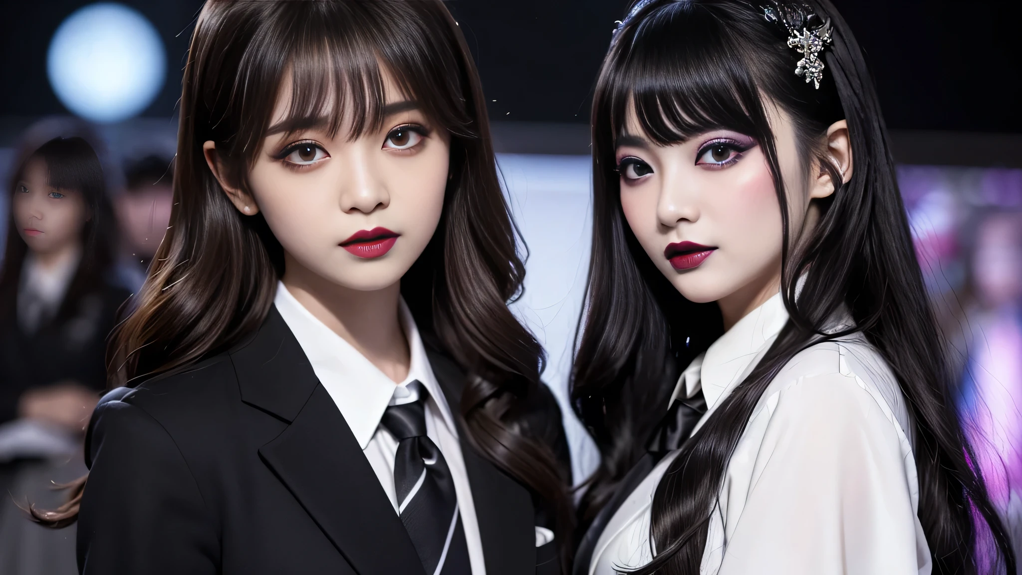 best quality、ultra-detailed、4k、Japanese、Seductive beauty、seductive adult woman、Pretty Woman、cool girl、Villainess、Brainwashed、brainwash、Fallen into evil、smirk、Evil look、Wicked Smile、evil、Brown hair、wavy hair、swept bangs、dark makeup、dark makeup、piercing eyes、hollow eyes,half-closed eyes、Hollow Eyes、purple Eyeshadow、black lipstick、black lipglos、student、blazer、White Shirt、Black Ribbon、flare skirt、night、inside school、Have lipstick、Emblem of Evil、Crest of Darkness、Swear allegiance、I have pledged my allegiance、Dye black、Blackening、Stained with evil、Dyed in darkness、Seduce