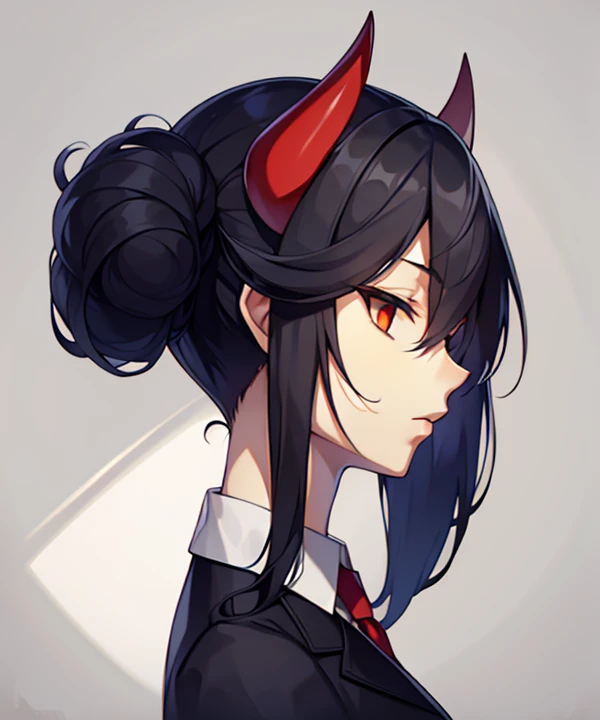 Woman in profile with black hair and a classy suit with demon horns protruding from her hair 