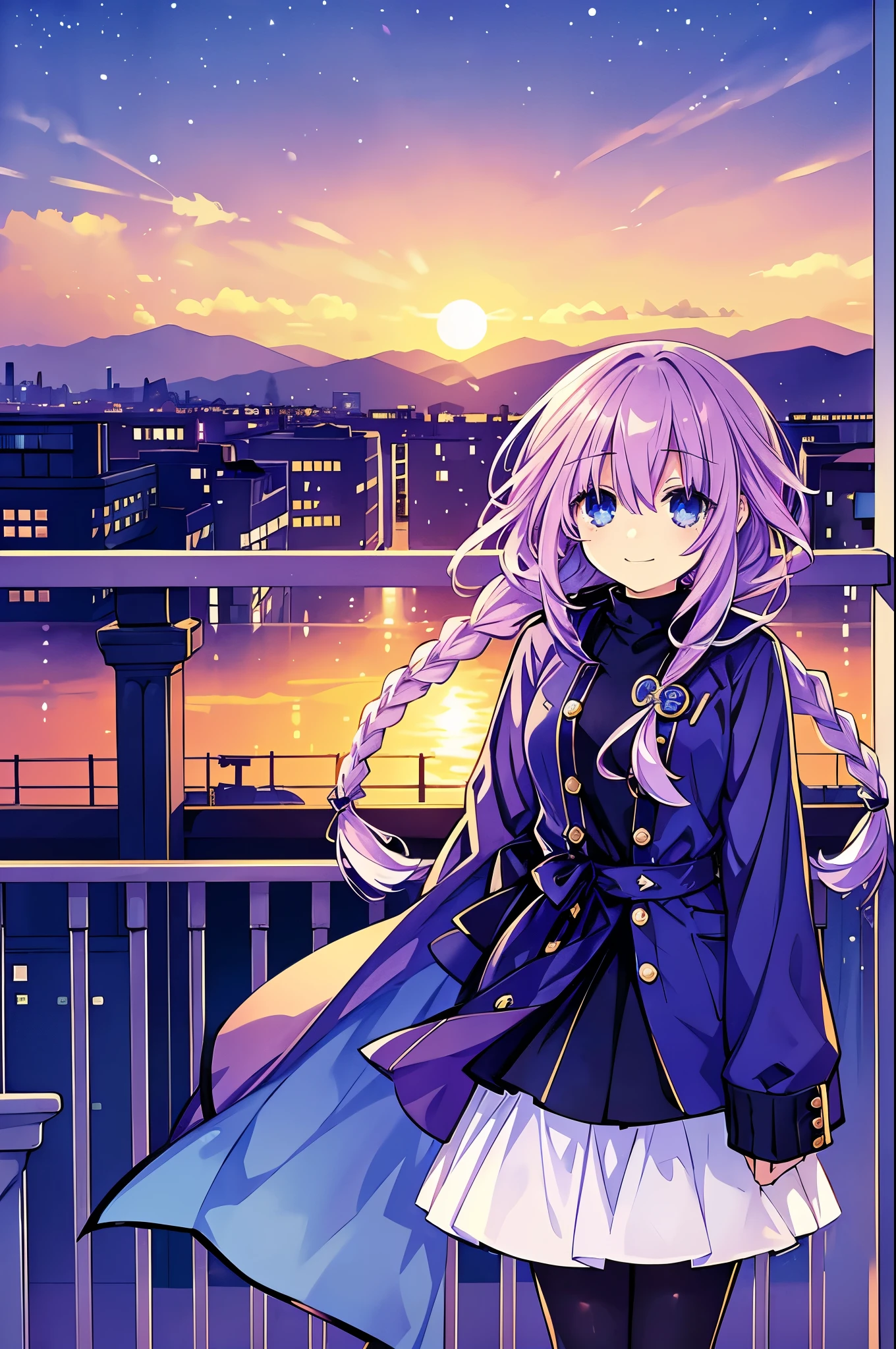 masterpiece, best quality, 1girl, short stature, finely detailed, light purple hair, big hair with a single braid, blue eyes, sleepy face with a little smile, clothes: baggy sweater with a skirt and stockings, background: balcony at sunset