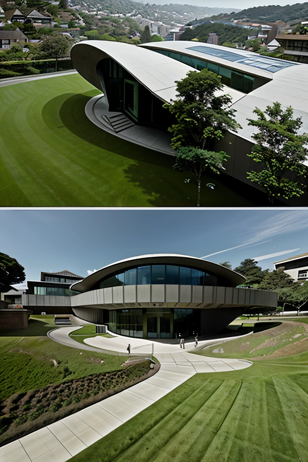 modern museum building with a curved facade into the building itself , the building itself is on a slope and has a roof on which grass grows and people walk, two storey building, view from above, the building is located on a steep slope and follows its shape, 4 options in 1 picture
