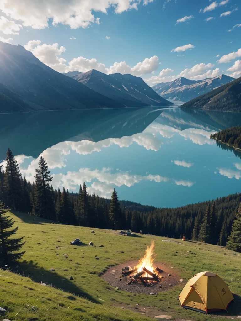 Beautiful Landscape、The tent is on a hill overlooking a mountain lake.、A bonfire is burning next to the tent