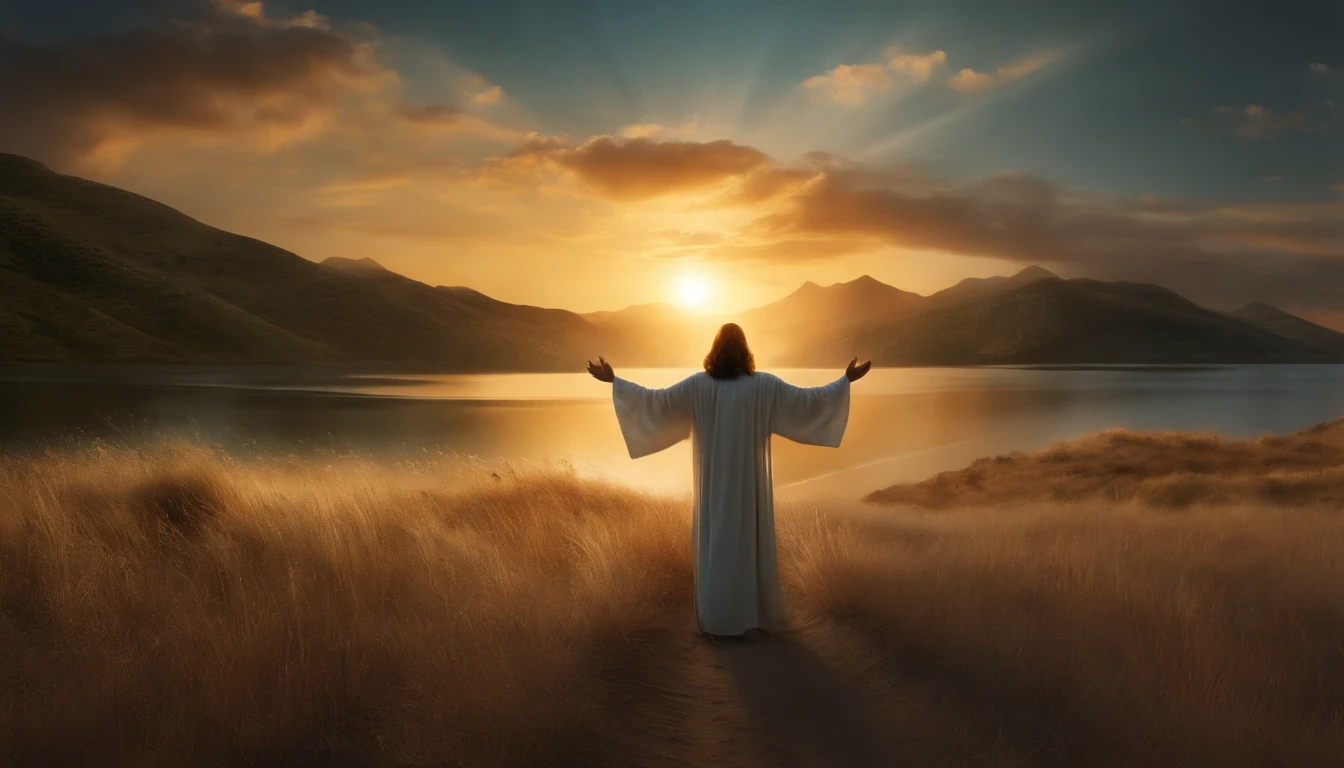 (melhor qualidade,4K,8k,Alto,parte mestre:1.2),ultra-detalhado,(realista,Fotorrealista,fotorrealista:1.37),Jesus Cristo,estilo de arte tradicional,vivid and dynamic brushstrokes,Ancient playful scene ,Charismatic expression,Postura Humilde,historical portrait,Recursos nobres,estilo de pintura de tinta e lavagem,finely detailed facial features,dynamic composition,paradisiacal scenery,olhar confiante,,ambiente com Luz do sol dourada iluminando a cena,Aura Angelical,atmospheric perspective,Explosive lighting,Jesus with open arms at sunset