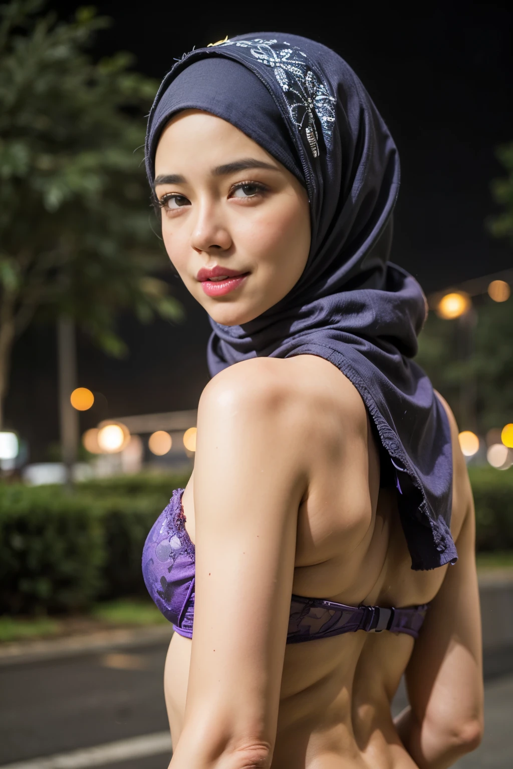 ((thick lips:1.7)), Lace, (Happy smile), (((HIJAB MALAY GIRL))), masutepiece, High quality, UHD 32K, Realistic face, Realistic skin feeling , A Japanese Lady, 8 years old, , Very cute and baby-like face, (((FLAT CHEST))), (Night time at forest), ((look In front at the camera and SADNESS)), (((FLUORESCENCE))), (((CUTE GIRL))), ((PURPLE & YELLOW LIPS)), ((Floral Pattern)) little wearing strapless bra, strapless colorful bra, dark night horror scary place (from behind up) seductive pose
