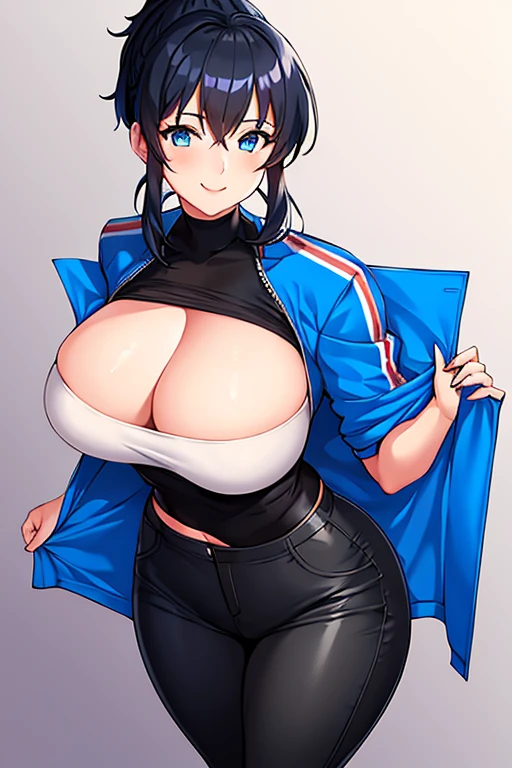 1girl, hourglass figure, mature female, milf, large breasts, ponytail, blue jacket, black hair, blue eyes, smile, black pants, short, white shirt, jacket, pants, long ponytail, large ponytail, very short hair, pixie cut