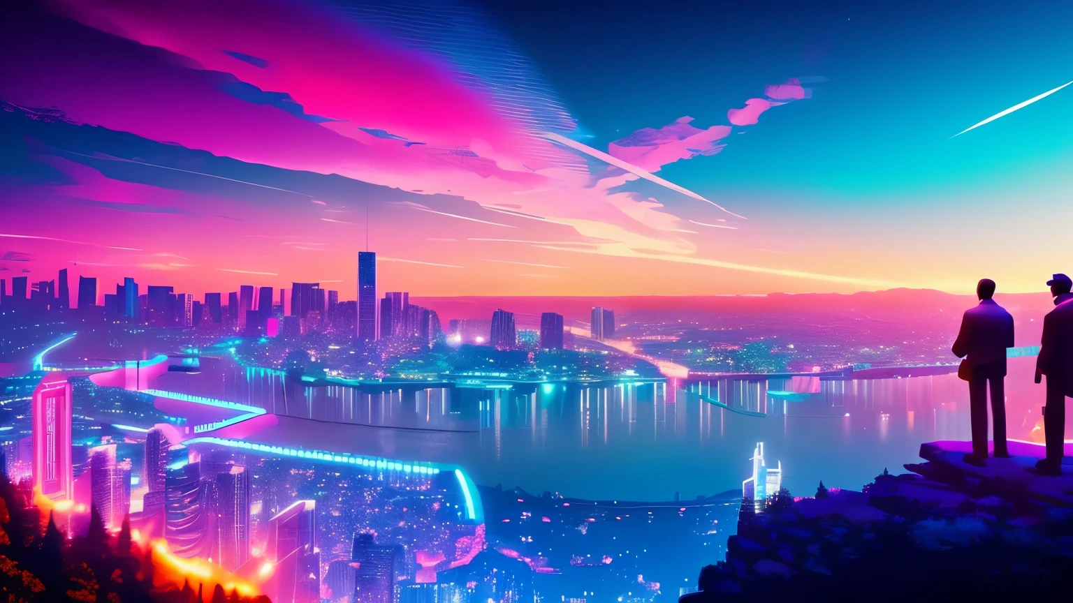 father and son on a cliff together, overlooking a retrowave city in the mountains