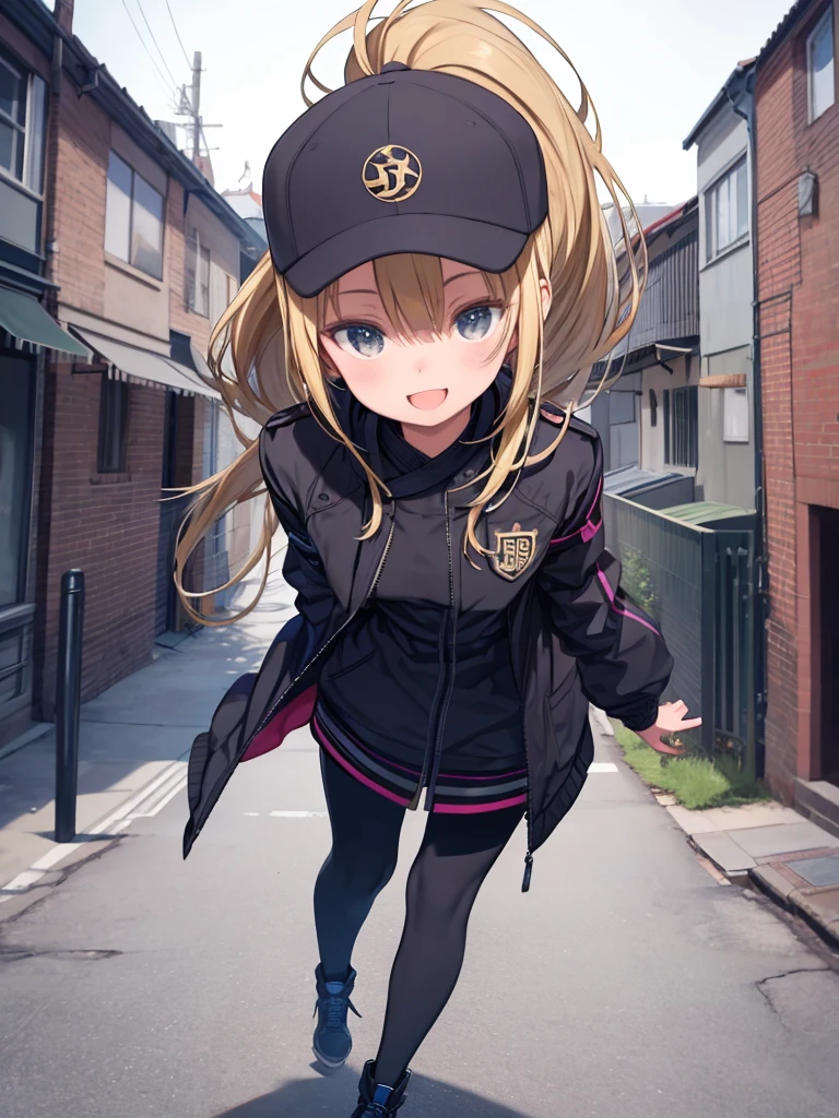 黒いJacketと黒いズボンを着た女性が歩道に立っている、Perfect Face,girl,Jacket,Full body image,yay,smile,The background is a ponytail in the city, Blonde