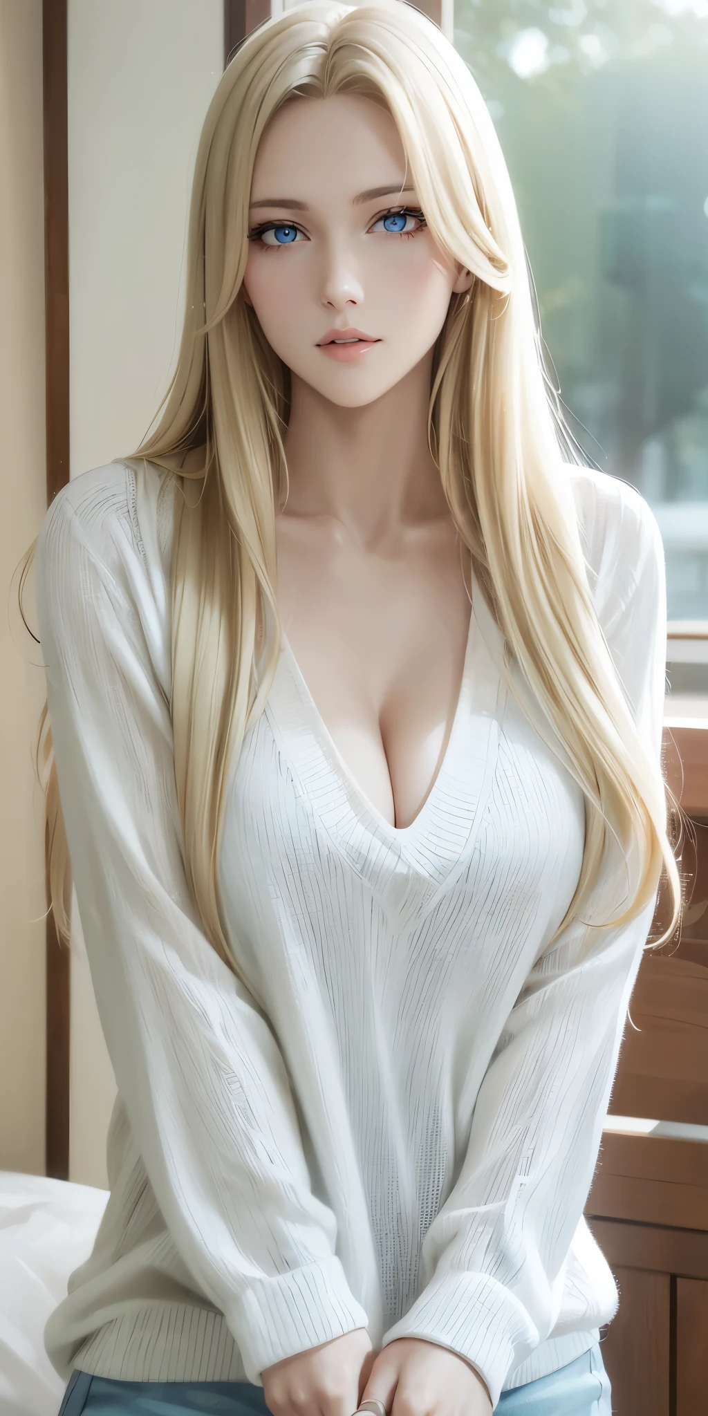 Upper body, gorgeous adult woman, long neck, long blonde hair, bangs, casual outfit, cleavage, blue eyes, soft light, high quality, 4k resolution